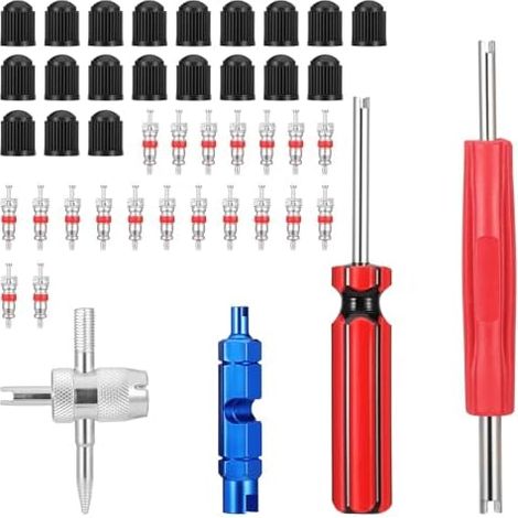 Lot de 44 outils démontage valve pneu, 20 noyaux bouchons valve, 4 d'entretien noyau pour tous les types pneus - (1/5)