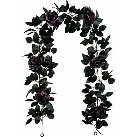 Guirlande artificielle de roses noires en rotin, décoration d'Halloween pour la maison, guirlande de roses en soie de 1,75 m pour Halloween (1/4)