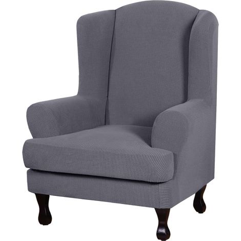Ensemble de 2 housses fauteuil à oreilles, polyester extensible, antidérapant, gris, pour salon (1/5)