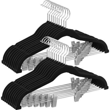 Cintres pour Pantalons, Lot de 20, en Velours, Longueur 42,5 cm, avec Pinces Réglables, Antiglisse, Gain de Place, pour Pantalons, Manteaux, Robes, Noir (1/5)