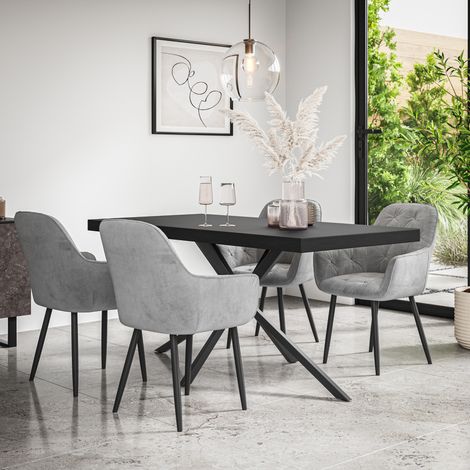 Donni Dining Table And Chairs - Black Table Top w Black Legs + Anika Velvet Dining Chair Set Of 6 (Grey) (1/5)