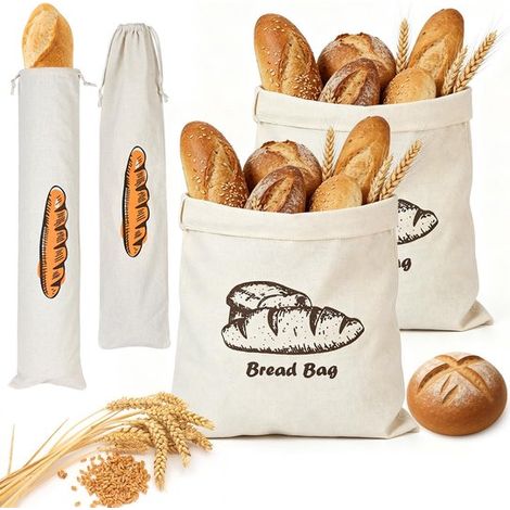 Sacs à pain en coton et lin 4 pièces – Sacs à pain réutilisables avec cordon – Sacs de conservation pour baguettes pains ronds et pains maison – Pour garder le pain frais plus longtemps (1/5)
