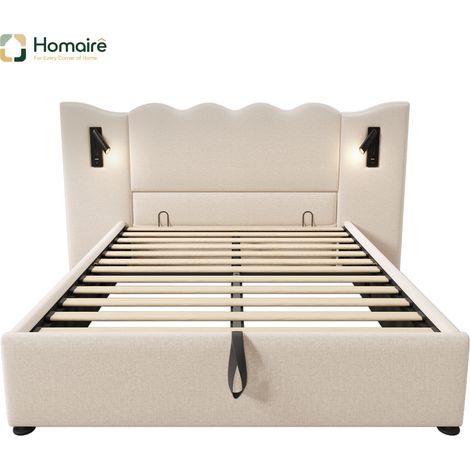 Cadre de lit beige en tissu avec rangement et port USB 215 x 232 x 111 cm HOMAIRE (1/5)