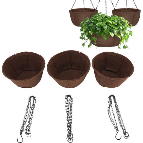 Juego de macetas colgantes + 3 macetas de tela no tejida + cadena resistente a la corrosión de 25 cm de largo, macetas colgantes, decoración para balcón/terraza (1/5)