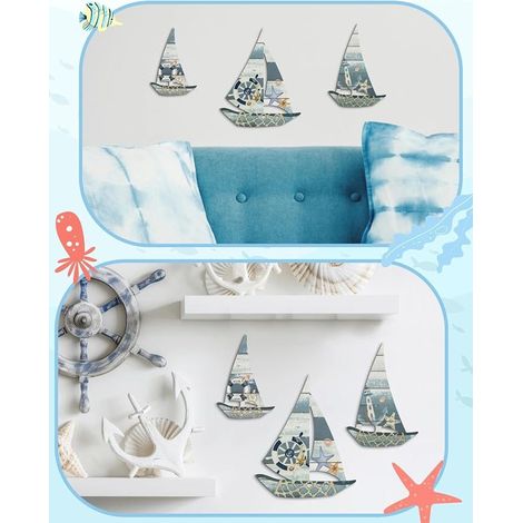 Set de 3 Décorations Murales Bateau à Voile Vintage, Décor Marin Rustique avec Crochets Métalliques, Style pour Salle de Bain et Chambre (1/4)
