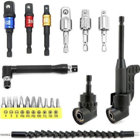 Set of 20 angle screw drivers, 2 adapter holders 105°, 1 flexible shaft, 6 socket adapters, 10 silver bits, 1 L wrench. (1/5)