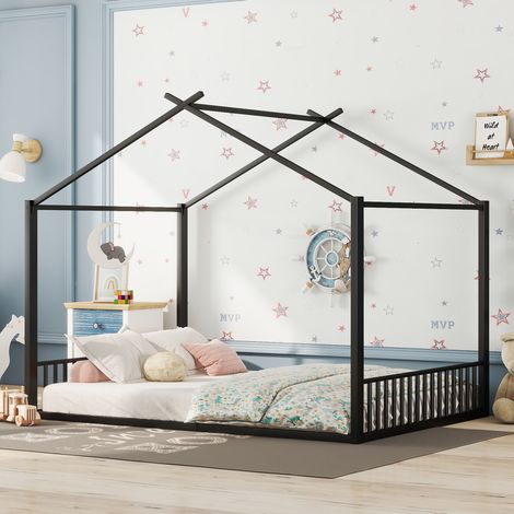 Kinderbett 140x200 cm aus schwarzem Metall im Hausdesign, ohne Matratze – MEUBLIV (1/5)