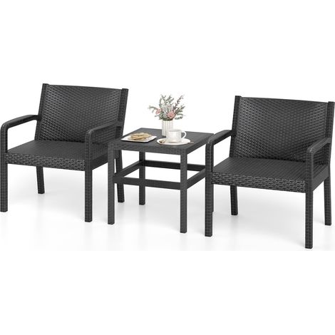 COSTWAY Tavolino e 2 Sedie in Rattan PP da Balcone, Set Giardino con Tavolino Quadrato e 2 Poltrone, Salotto da Esterno per Bordo Piscina (Grigio)