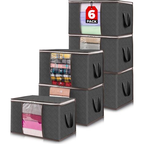 Sac de Rangement Vetement, Boite Rangement Pliable, Rangement Sous Lit, Housse Rangement Couette pour Vêtements, Couvertures, Demenagement, Gris, 50 L, Lot de 6