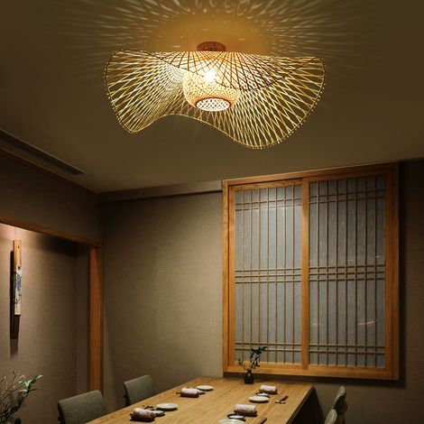 Plafonnier,Rétro Lustres Lumière Naturelle De Bambou Et Plafonnier Rotin Vintage E27 Éclairage Plafond Tissées Main Pour Chambre Salon Bar Café, 65cm