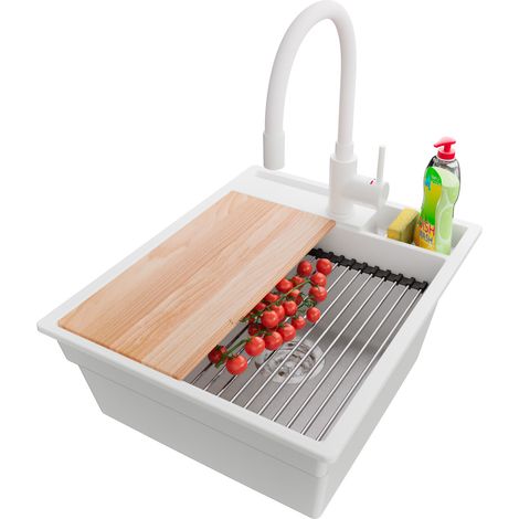 PRIMAGRAN Evier Cuisine en Granit 43x53cm,Lavabo 1 bac + Robinet 38x14cm + Kit de Vidage + Accessoires, Évier à Encastrer au meuble 45cm - Oslo Pocket, Blanc (1/5)