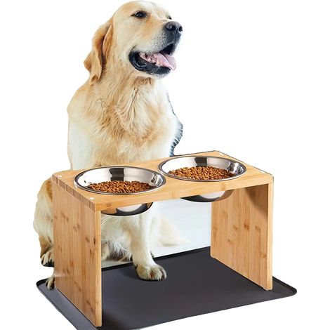 Support pour gamelles de chien, support en bambou, gamelles en acier inoxydable, Couleur bois naturel (1/2)