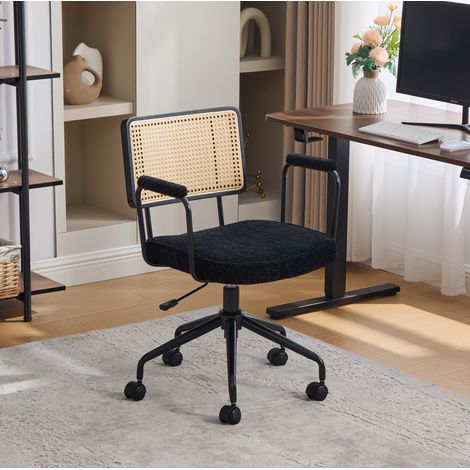 Silla de oficina giratoria de estilo vintage moderno con reposabrazos, asiento de poliuretano y respaldo de ratán sintético - negra (1/5)