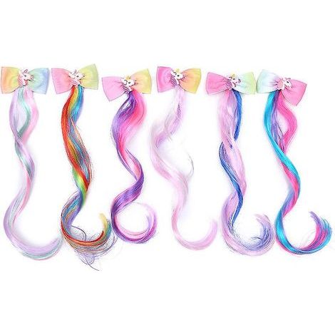 6 extensiones de cabello rizado para niñas - Extensiones de cabello arcoíris de 30 cm para niñas, extensiones de cabello rizado con un lindo lazo (1/5)