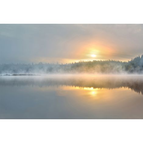Papier peint panoramique coucher de soleil gris | Tapisserie panoramique lac & brouillard idéale salon | Papier peint panoramique paysage pour chambre - 267 x 400 cm (4 pièces) (1/2)