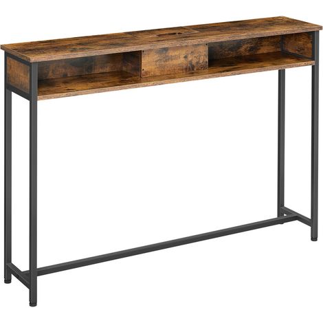 Vasagle – Table console fine avec multiprise – 2 compartiments – Chargement caché – Dimensions 25 x 120 x 81,1 cm – Marron rustique et noir d’encre (1/5)