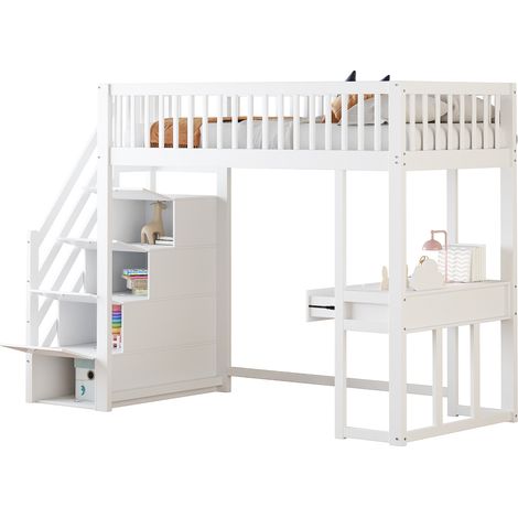 Letto a soppalco in legno bianco 90x200 cm con scrivania multifunzione, scala contenitore e rete a doghe (1/5)