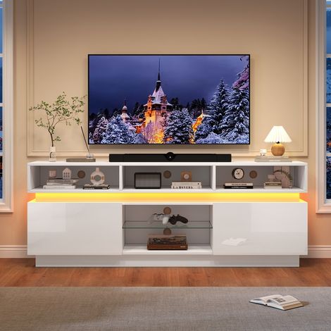 Mueble TV 160x35x60 cm de MDF y cristal blanco, con almacenaje para salón FloraGrace (1/5)