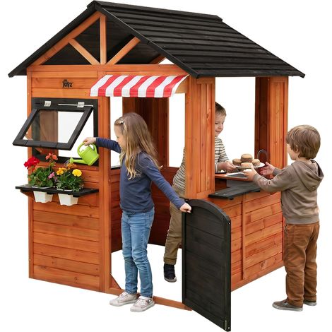 Joyz Kinderspielhaus aus Tannenholz massiv, Spielhaus mit Spiel- und Matschküche, Kinderhaus Outdoor mit Tür, 4 Fenstern & 2 Blumentöpfe, Gartenhaus wetterfest, Gartenspielhaus für Kinder ab 3 Jahren (1/5)
