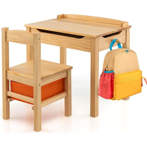 COSTWAY Juego de Mesa y Silla para Niños, Escritorio Infantil con Silla y Tablero Abatible, Juego de Mesa de Actividades de Madera Maciza, Bisagra de Seguridad, Cajón Extraíble (Natural) (1/5)