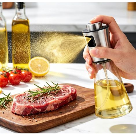 Pulvérisateur d'huile avec couvercle en verre  diffuse une fine brume  convient pour la cuisson, les grillades et l'assaisonnement des salades  capacité généreuse. (1/5)