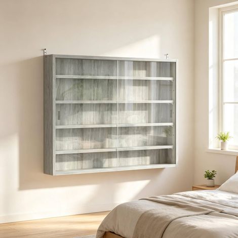Vetrina da parete 80x9,5x60 cm in truciolare e vetro grigio, salvaspazio – MEUBLIV (1/5)