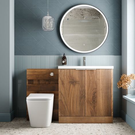 1300mm Fluted Bathroom Vanity Unit Set and Provence Back-to-Wall Toilet Walnut (1/4)