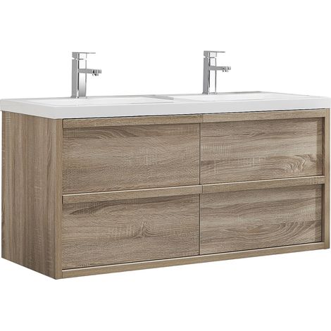 Mobile per bagno sospeso con lavabo da incasso 120 cm Naturale chiaro - QUADRA (1/4)