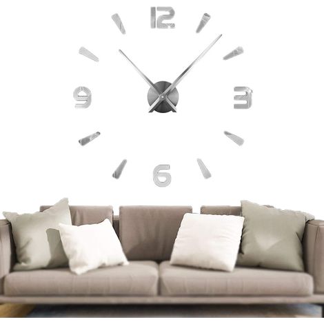 Horloge murale moderne silencieuse à faire soi-même, grand format, autocollant 3D, décoration pour la maison ou le bureau, cadeau (Argent) (Argent)