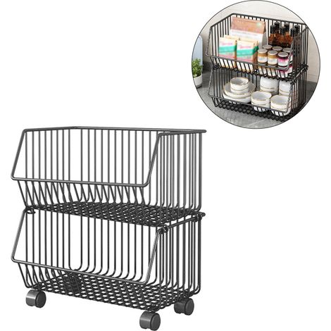 Panier à fruits à 2 niveaux pour chariot de rangement de cuisine, paniers de rangement empilables en fil métallique avec roulettes, bacs à pommes de terre et oignons, salon, maison, bureau. (1/5)