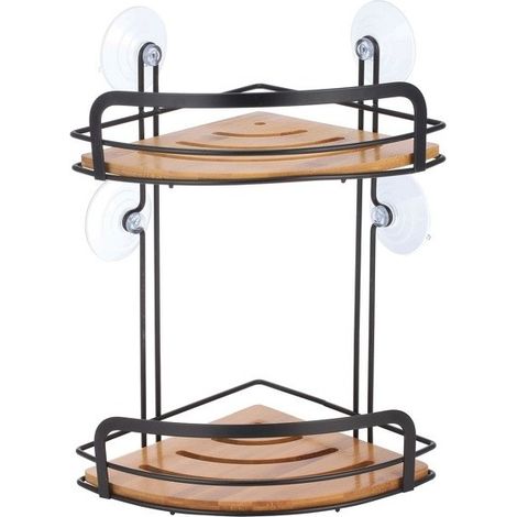 MSV – Étagère d'angle de douche 2 niveaux à ventouses – Fixation sans clou ni vis – Bambou et acier noir – Dimensions 21x21x34cm