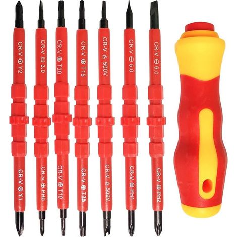 Kit de 7 tournevis isolés pour électricien, 14 en 1, en alliage, avec outils interchangeables pour la réparation électrique. (1/5)
