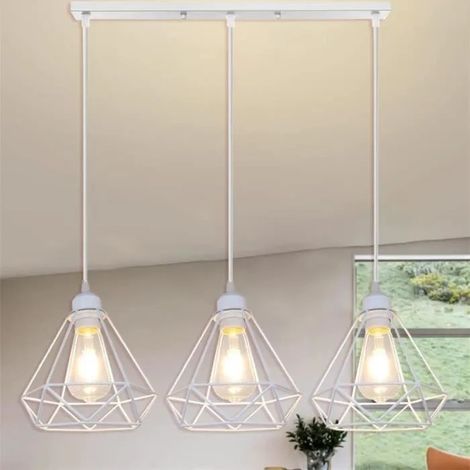 U-Do 3 Lampes Lustre Suspension Cage forme Diamant en Métal Blanc E27 Lampe de Plafonde Réglable design Vintage Lampe Longue Pôle (1/4)