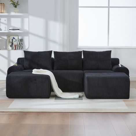 Sofá modular de pana negra 3 plazas 268x174x66 cm con portavasos integrado y bolsillo lateral (1/5)