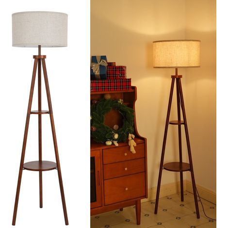Lampadaire Trépied en Bois avec Tablette, Lampe sur Pied Vintage Rustique en Noyer avec Abat-jour en Tissu, Interrupteur au Pied, H154cm, E27, Éclairage d’Angle pour Salon, Chambre (1/5)