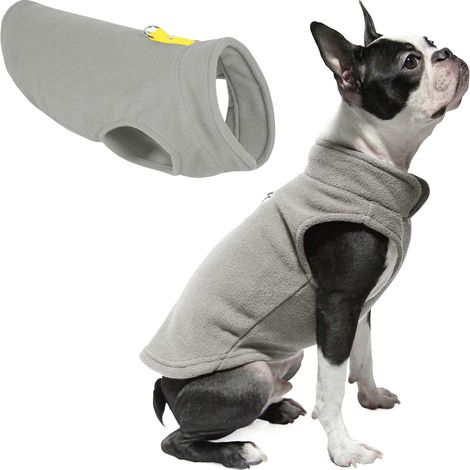 Gilet en polaire pour chien, gris-jaune, taille L – Veste chaude en polaire avec anneau en O et laisse – Manteau d'hiver pour petit chien, vêtement pour temps froid pour chiens de petite taille (1/5)