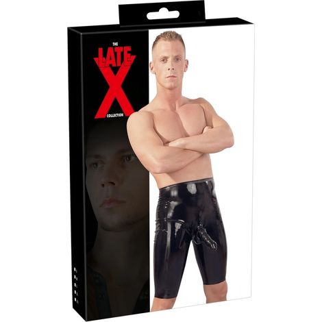 Late X - Pantalones cortos de látex para hombre con bolsa para el pene, color negro, talla L (1/5)