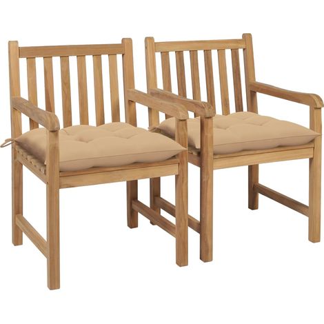 Lot de 2 Chaises de jardin - Chaises d'extérieur pour terrasse/jardin avec coussins beige Bois de teck massif BV968001 - BonneVie (1/5)