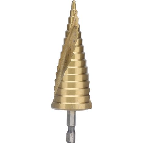 Foret étagé à changement rapide HSS revêtu Ti, tige hexagonale à rainure spiralée, 15 étapes 4-32 mm. (1/5)