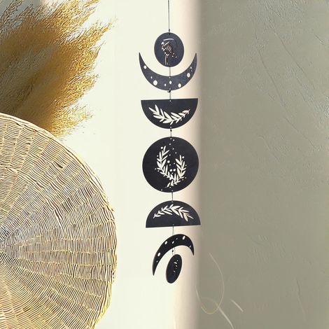 Ghirlanda Pendente Fasi Lunari Boho Legno Nera Parete (1/4)