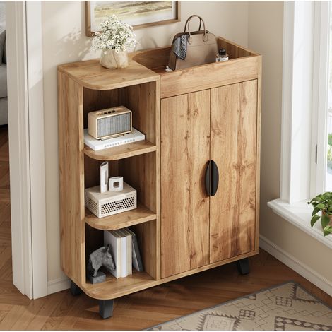 Meuble à chaussures 80x32x99 cm naturel en panneau de particules avec niches ouvertes et rangement 2 portes (1/5)