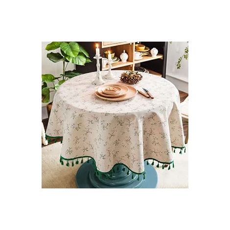 CCYKXA Round Tablecloth Cotton Linen Floral Print, Washable Fringed Round Tablecloth, Small Round Tablecloth Anti-Stain Decorate Used for Dining Table, Living Room, Picnic 150cm Round Tablecloth (Beig (1/4)