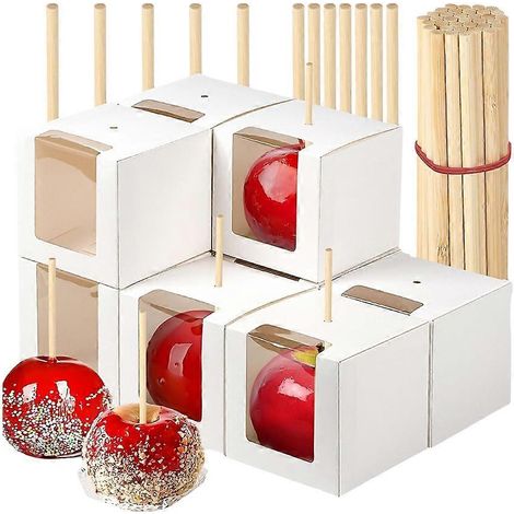 Set mit 30 kandierten Apfelschachteln inklusive Stielen, 10 x 10 x 10 cm große Geschenkbox aus Kraftpapier mit Sichtfenster, ideal für Weihnachten. (1/5)