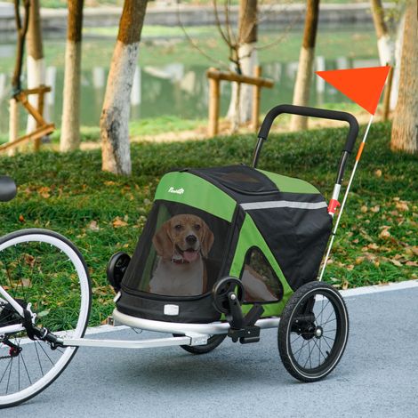 Passeggino/carrozzina per cani/rimorchio per bicicletta 2 in 1, 2 catarifrangenti, 1 guinzaglio di sicurezza, 150 x 68 x 95 cm, verde