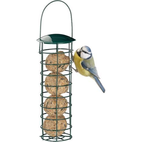 Mangeoire pour oiseaux à accrocher, borne à nourriture pour oiseaux, avec toit, fer 31 cm, vert foncé (1/5)