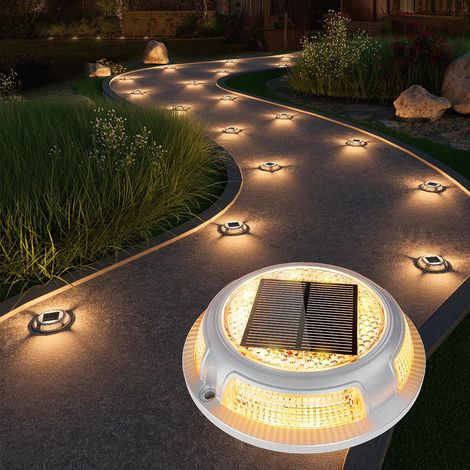 Lot de 4 lampes solaires pour allée et quai – LED 2 en 1 blanc chaud et blanc – Étanche – Allumage/extinction automatique – Pour chemin, escaliers et signalisation (1/4)
