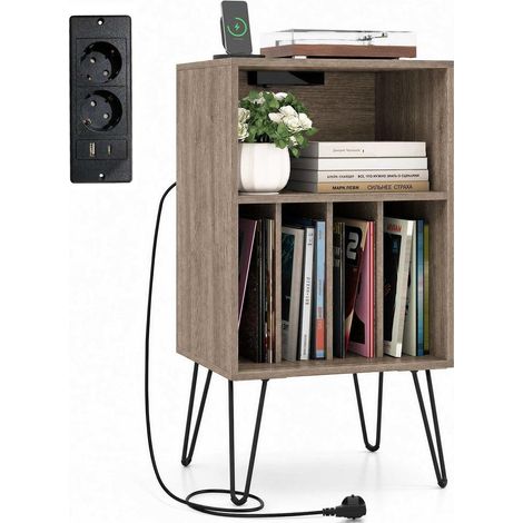 Pour platine vinyle et enceintes, meuble de rangement salon avec station de charge et design moderne gris (1/2)