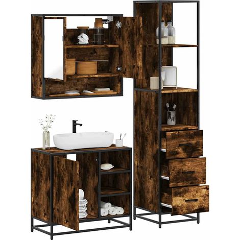 Set de muebles baño 3 pzas madera contrachapada roble ahumado vidaXL (1/5)