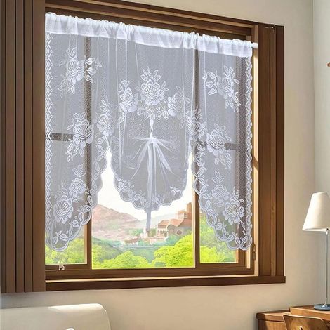 150x100cm Rideaux Voilage Blanc Rideau Brise Bise Transparent Dentelle Brodée Fleuri, Arrondi M,Polyester pour Cuisine/Salon (1/5)