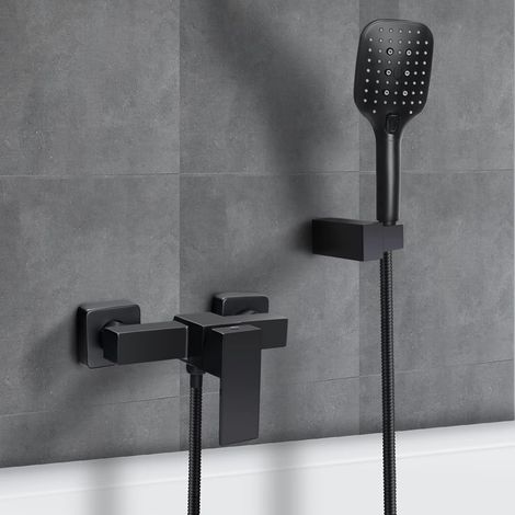 Shower Mixer Tap Wall Mounted Bathroom Shower Faucet with Hand Shower, Flexible and Bracket, Black (1/5)